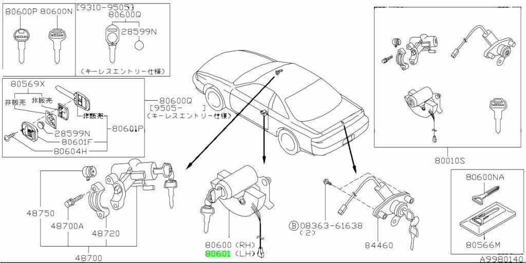 NEW Genuine Nissan LH Door Lock Cylinder Lock Set OEM 80601-65F261