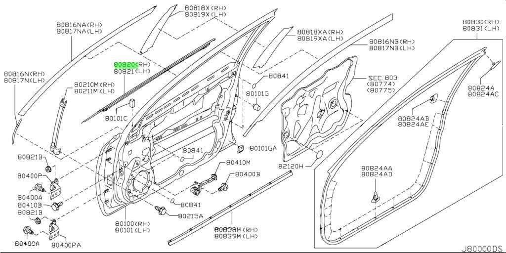 Nissan TEANA J32 Molding Weather Strip Front Rear Door Belt 80820-JN00A Genuine1