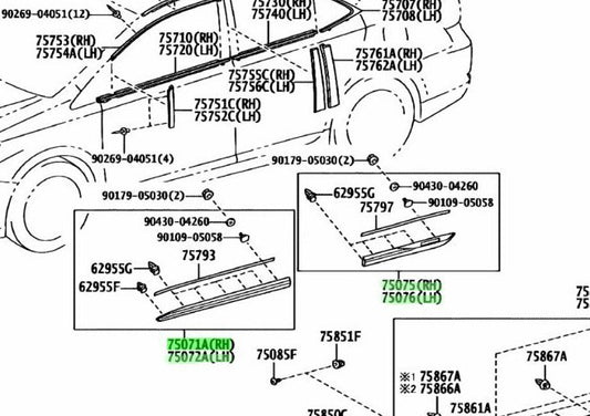 OEM Genuine Toyota Lexus Door FRONT REAR Outside Moulding Set RH LH BLACK.212 C01