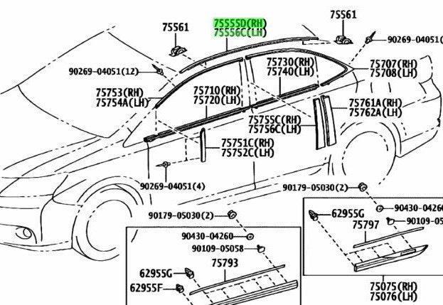 Toyota Roof DripSide Finish Moulding 75555-75010-D0 75556-75010-D0 RED MC.CS.3R1