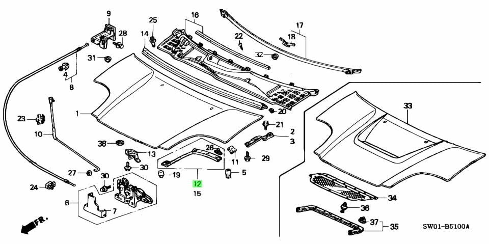 OEM 2002-2005 Acura NSX Acura 74148-SL0-010 Rubber, Front Hood Seal