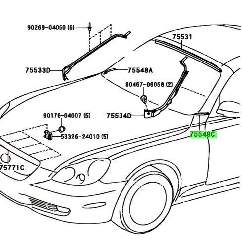 Genuine Toyota Lexus SC430 Windshield Outside Moulding Fastener No.2 75549-24021