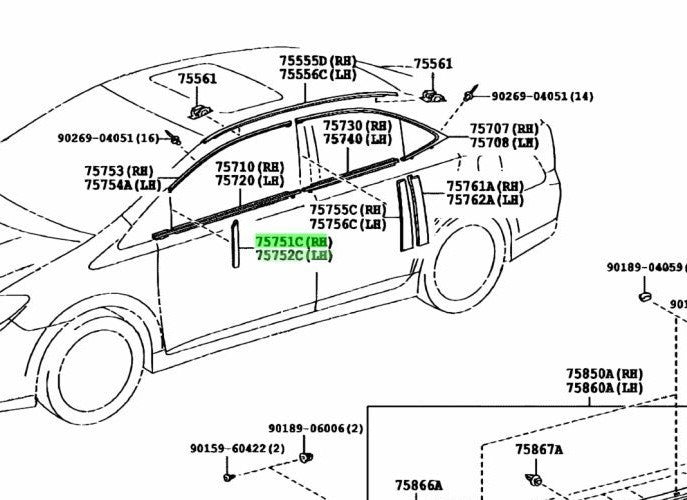 OEM Genuine Toyota Front Door WindowFrame Moulding RH LH 75751-75010 75752-75010