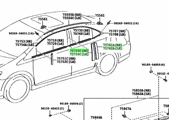 OEM Genuine Toyota Lexus Door Window Frame Moulding Set RH LH 75755-75010 HS250h