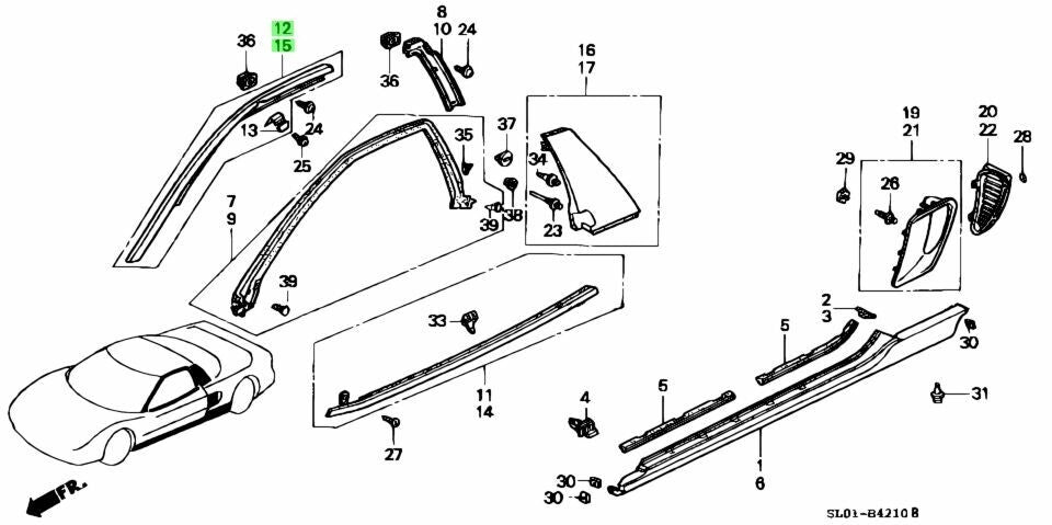 OEM 1995-2001 Acura NSX Molding, Right Front Drip & Retainer L&R SET