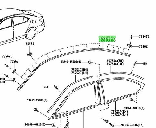 Lexus RoofDripSideFinish Moulding Center MERCURYGRAY MC.1H9 75555/7555650030B00