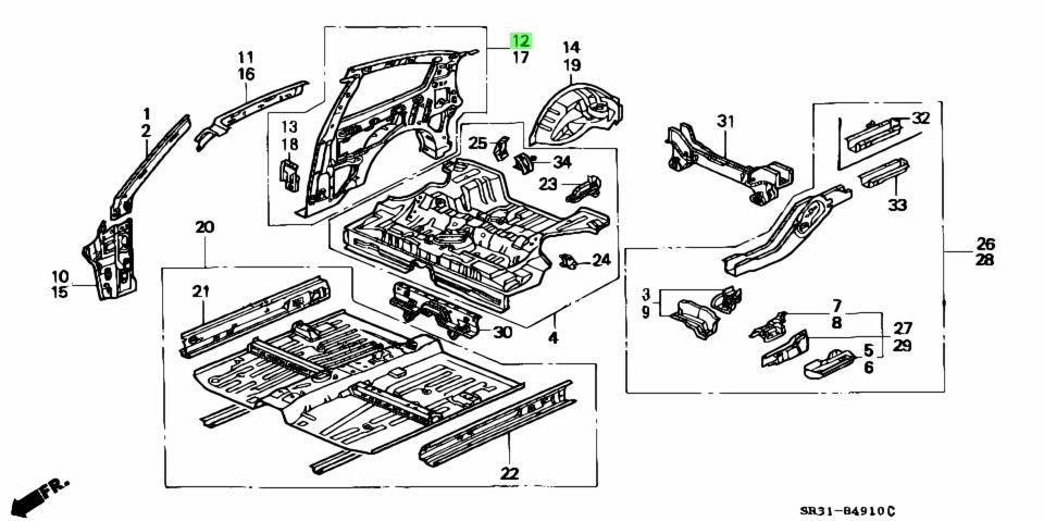 OEM Honda Civic EG 3 Door 1992-1995 RH Rear Inner Panel 64300-SR3-300ZZ Genuine0