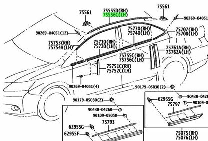 OEM TOYOTA Lexus Roof Drip Side Finish Moulding LH 75556-75010-A0 HS250h ANF10