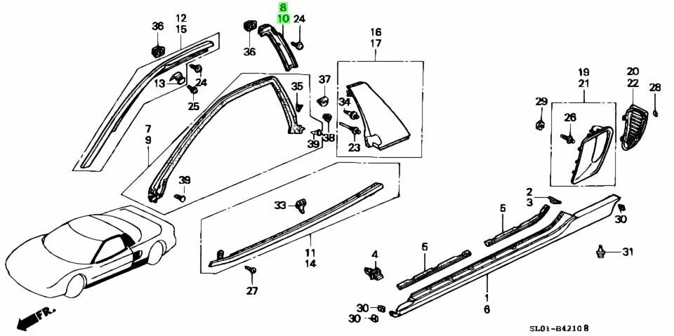 OEM 1991-2001 Acura NSX Retainer, Passenger Side Center & Corner R&L SET