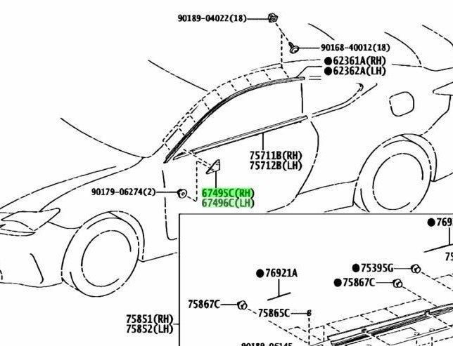 Genuine Toyota Lexus Front Door Lower Frame Upper Cover 67495-24020 67496-24020
