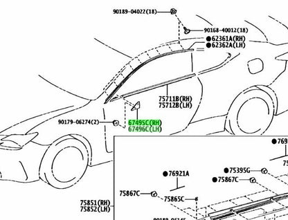 Genuine Toyota Lexus Front Door Lower Frame Upper Cover 67495-24020 67496-24020