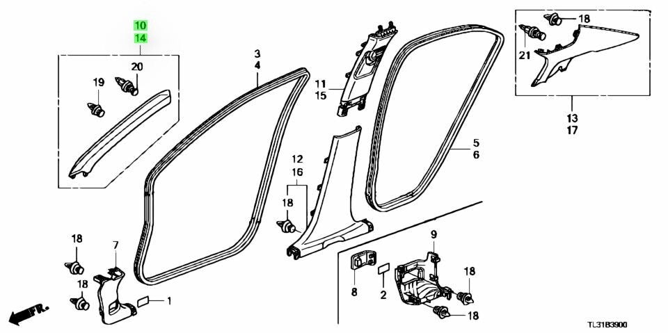 OEM Honda GARNISH ASSY. FR. PILLAR *NH556L* R&L SET Accord DBA-CU2