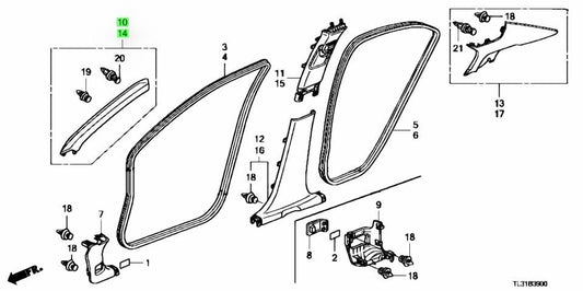OEM Honda GARNISH ASSY. FR. PILLAR *NH556L* R&L SET Accord DBA-CU2