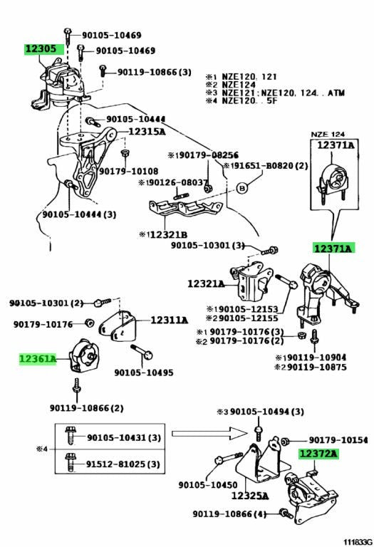 Toyota Genuine 12372-22080/12305-22250/12371-22140/12361-22090 Engine Mount Set1