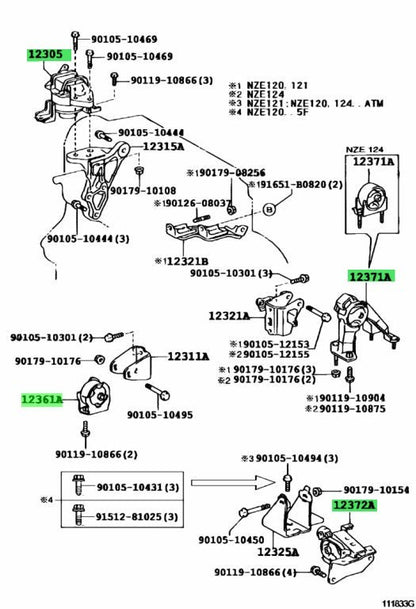 Toyota Genuine 12372-22080/12305-22250/12371-22140/12361-22090 Engine Mount Set1