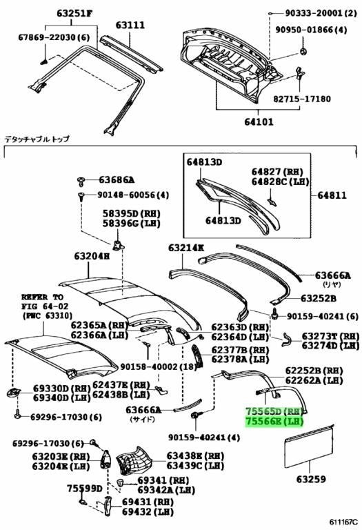 Toyota Genuine MR2 ZZW30 Roof Side Moulding RH LH Set 75565-17011 75566-170111